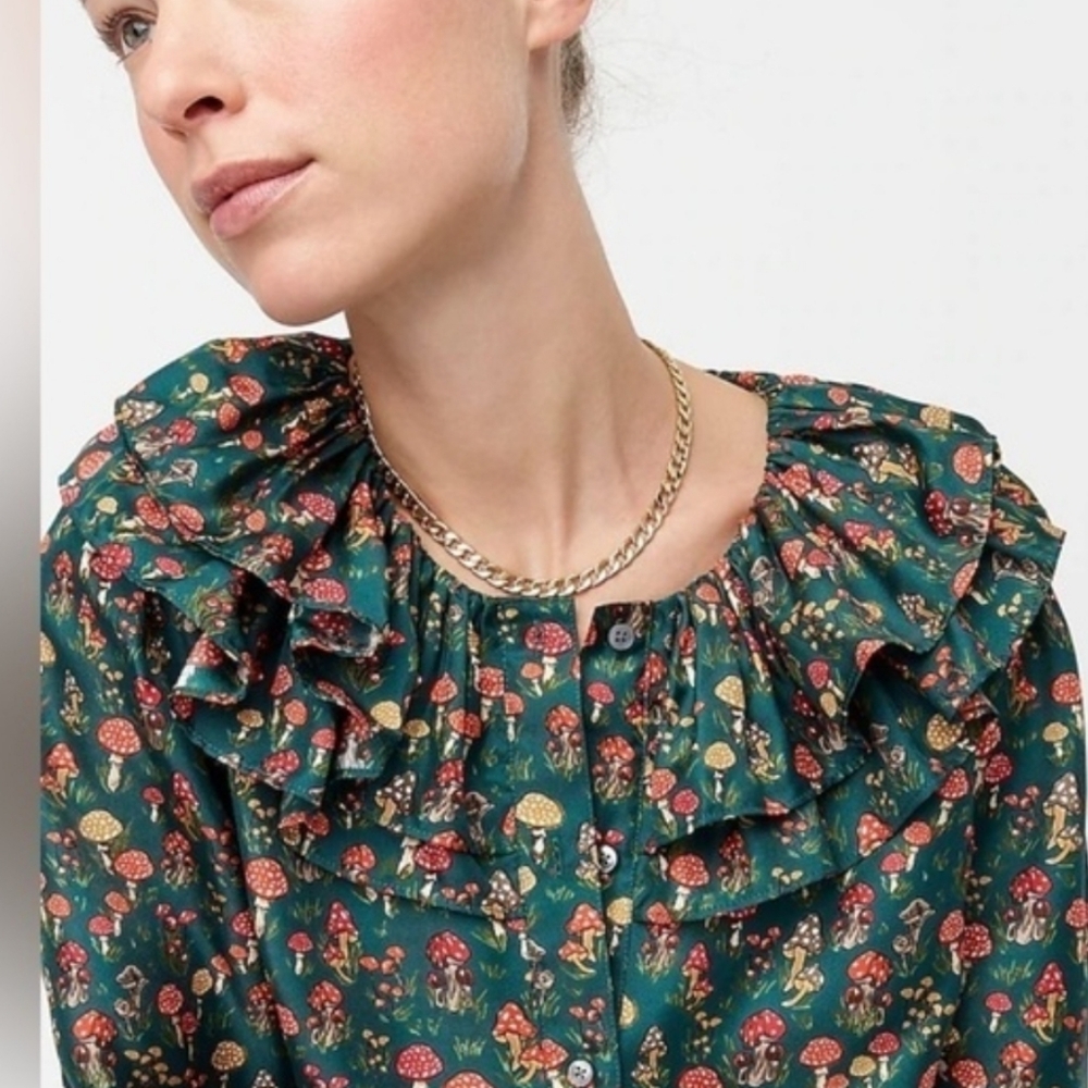 J. Crew Green Silk Mushroom Ruffle-Neck Blouse